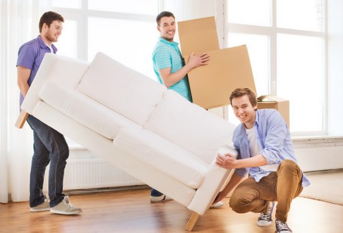 Family home relocation boxes organized for moving day